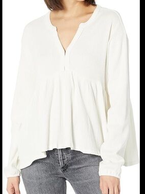 Lucky Brand Cream Waffle Peplum Long Sleeve Top
